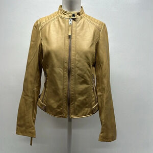 Michael Kors 100% Genuine Leather Jacket Moto Coat Full Zip Light Tan NWOT Small